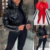 Women's Padded Short Coat Solid Stand-up Collar Cardigan Winter Down Jacket Patent Leather Glossy Outerwear Padded Coat 21907