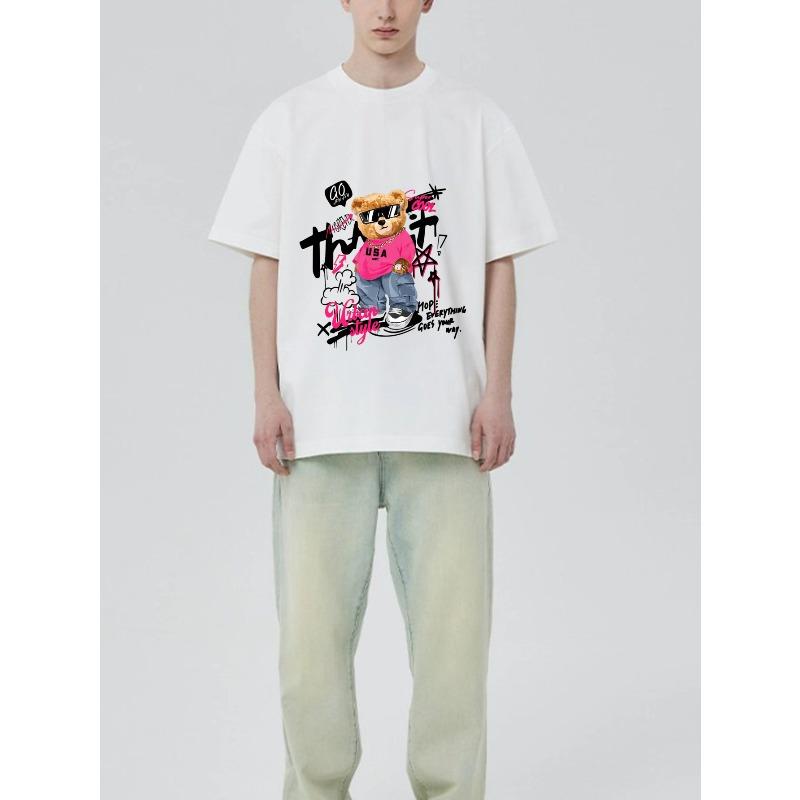 Черная футболка с графикой медведя и розовым текстовым принтом для повседневной носки