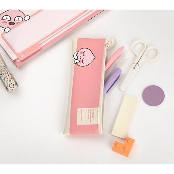 Kakao Friends Плоский мини-пенал + набор мягких хайлайтеров Happy Moment, 3 цвета, персиковый (пенал), 1 комплект, лучший персонаж Кореи