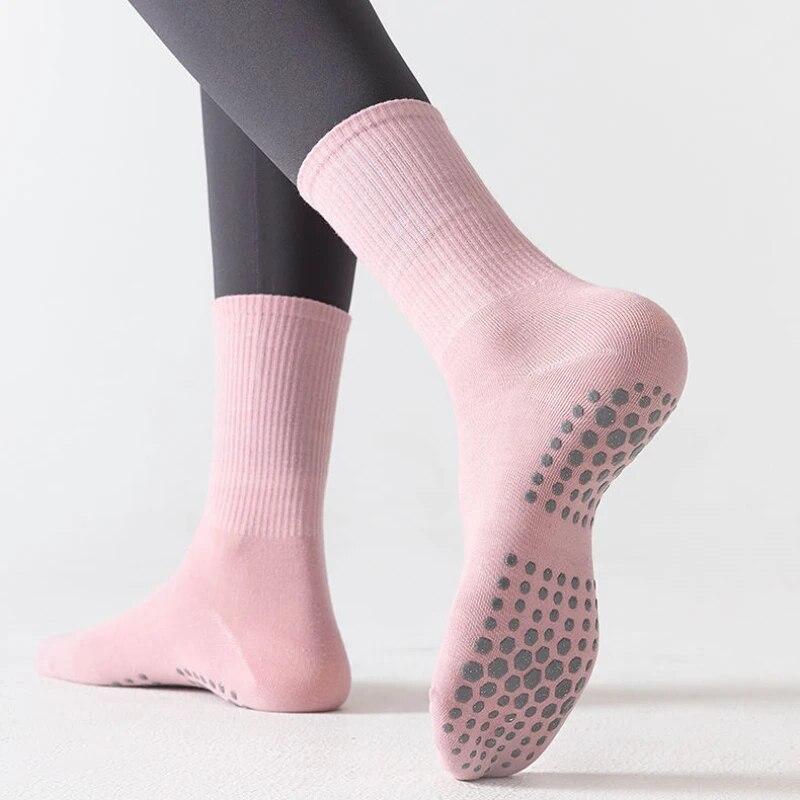 Solid Color Mid-calf Cotton Yoga Socks Silicone Bottom Non-slip Sports Socks Women Indoor Fitness Trampoline Dance Pilates Socks