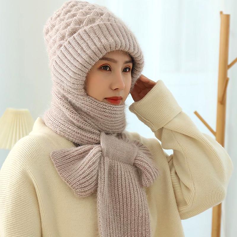 Women Plush Solid Color Knitted Woolen Hat Fleece Lined Beanie Caps Hat Scarf Set Thickened Winter