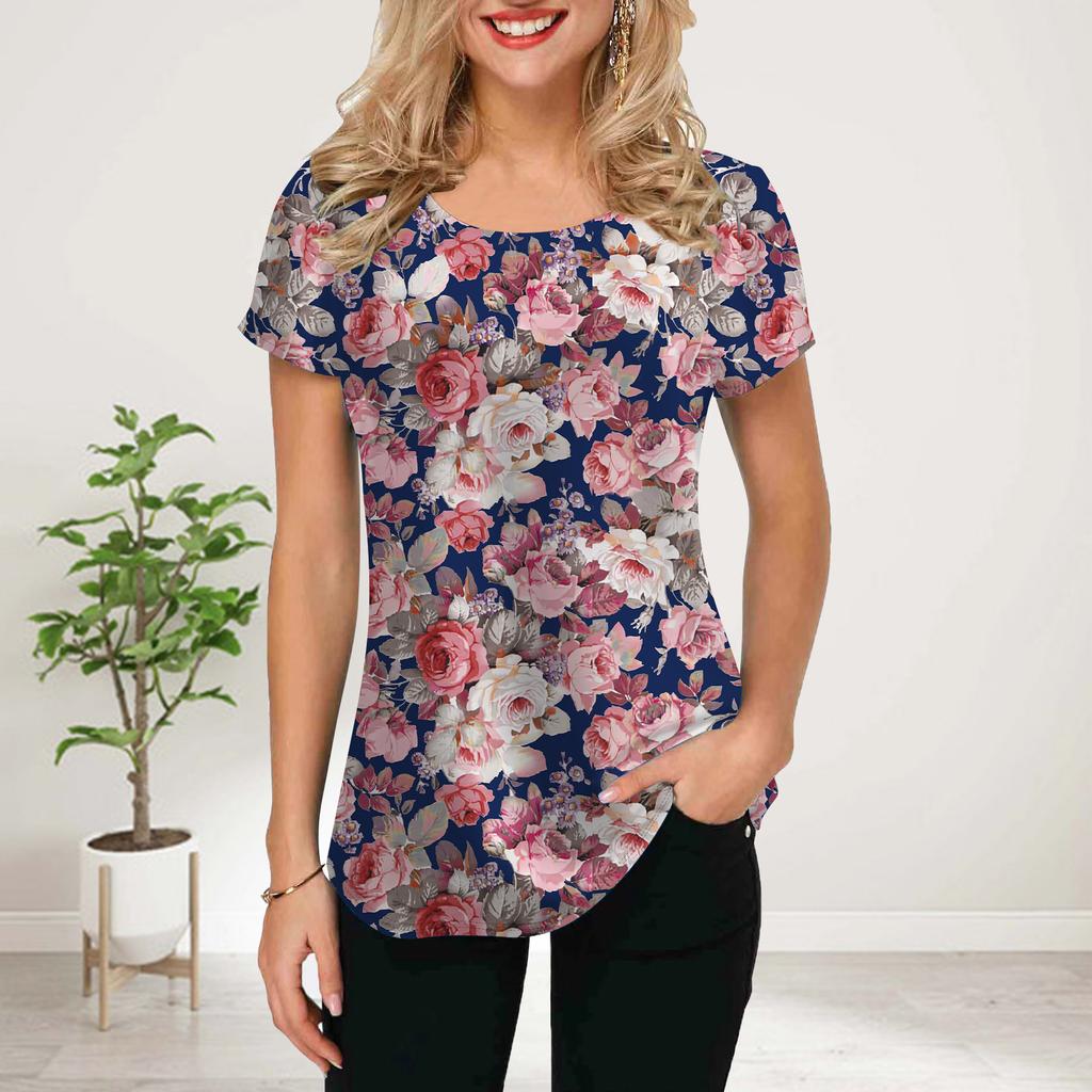 Women Summer T Shirt Purple Rose Print Short Sleeve Tees Casual Printed Tops
