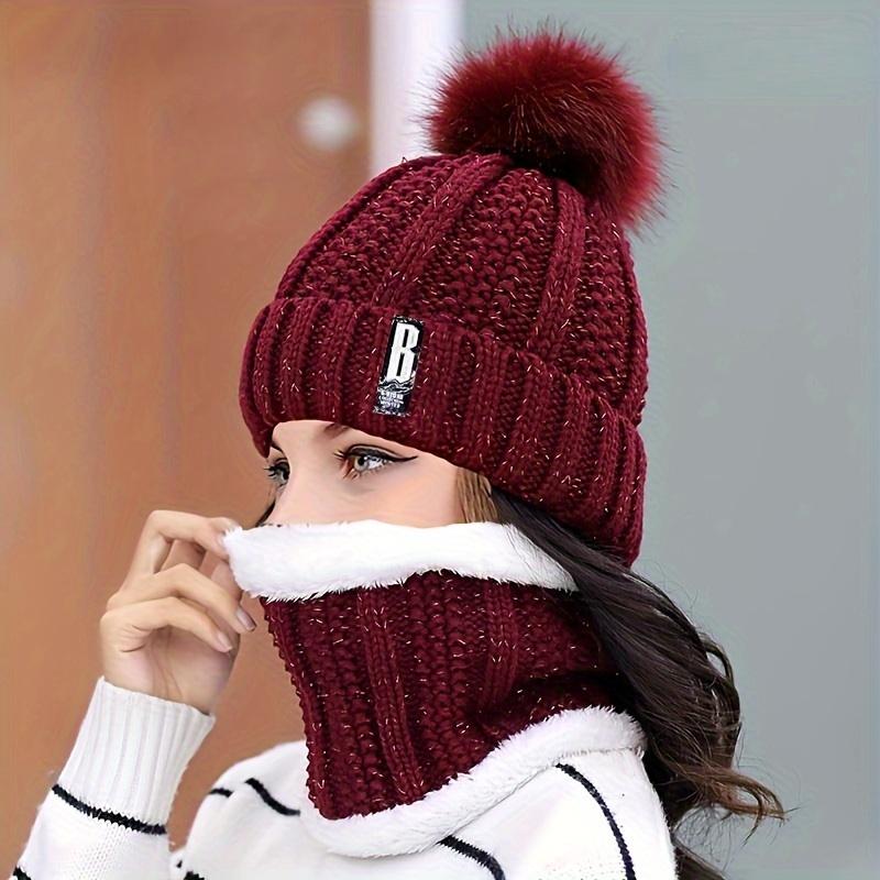 2pcs Knit Hat Scarf Set Thick Plush Windproof Cozy Warm for Autumn/Winter Hat EMA