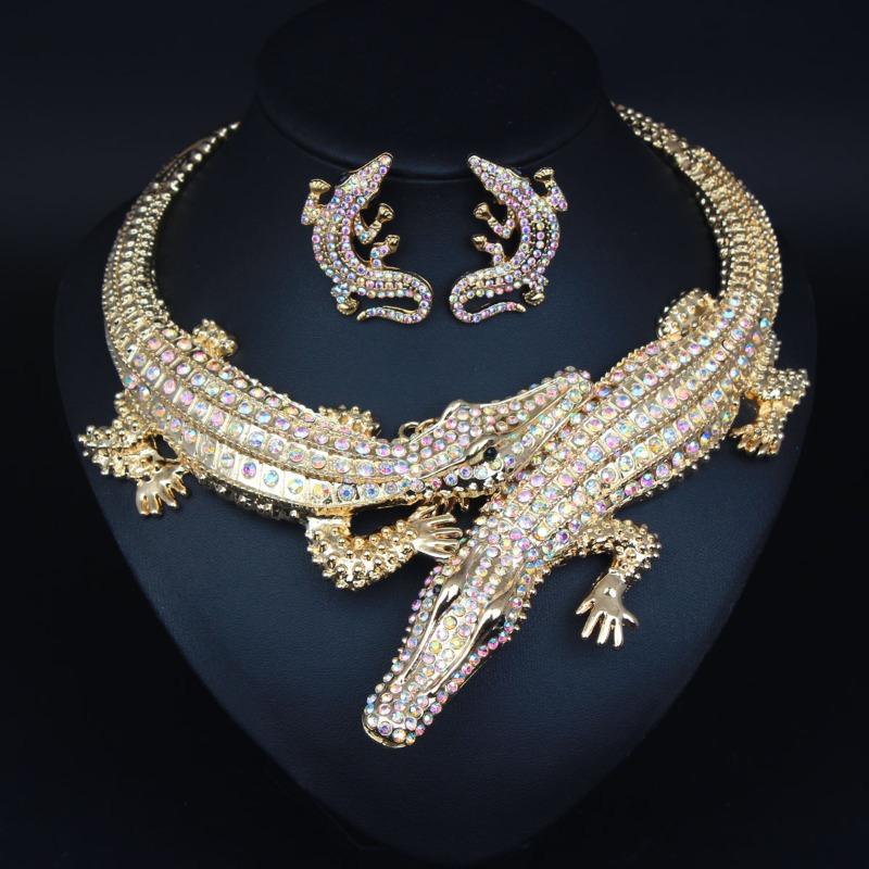 Vintage Exaggerated Crocodile Necklace Earrings Set with Diamond Personalized Collar Women's Accessories