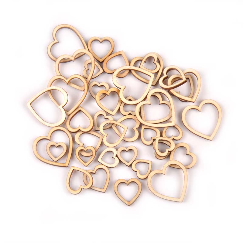50Pcs Mixed Hollowed Heart Wooden Decoration DIY Scrapbook For Handicraft Home Accessories Wood Crafts Ornaments 30-50mm