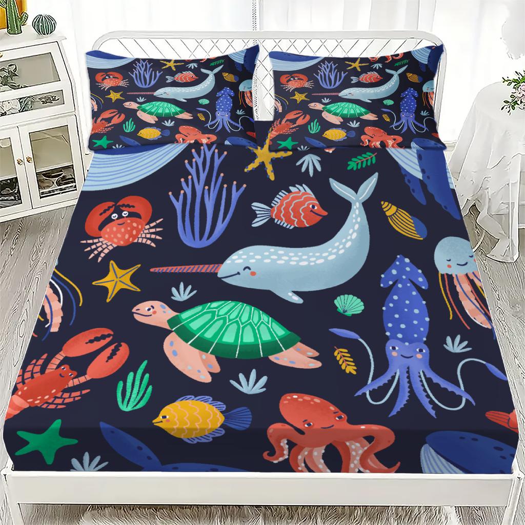 3pcs 100% Polyester Fitted Sheet Vibrant Playful Cartoon Style Set Sea Creatures Pattern Print Design Bed Sheet With Pillowcases