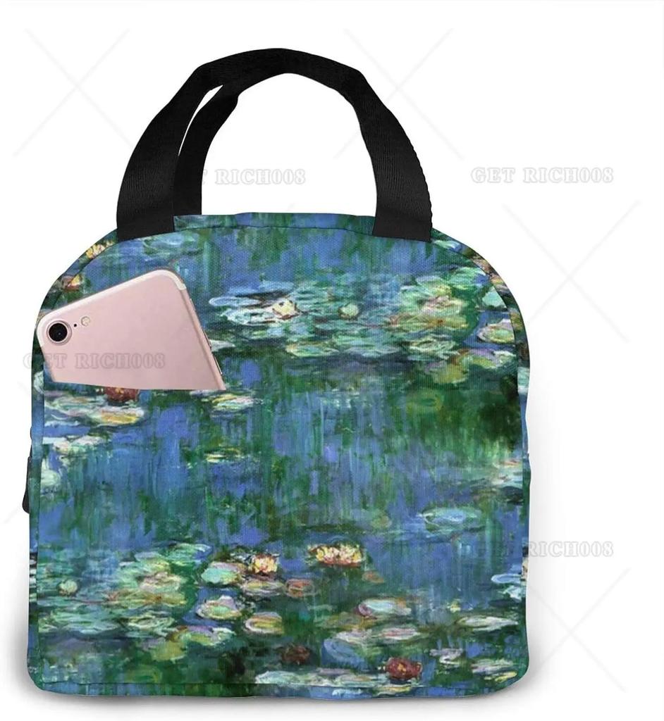 Картина Моне «Цветы лотоса» Сумка для обеда, маленькая, для мужчин, женщин, детей, для пикника на открытом воздухе, для работы, школы, ланч-бокс, сумка, изолированный подарок