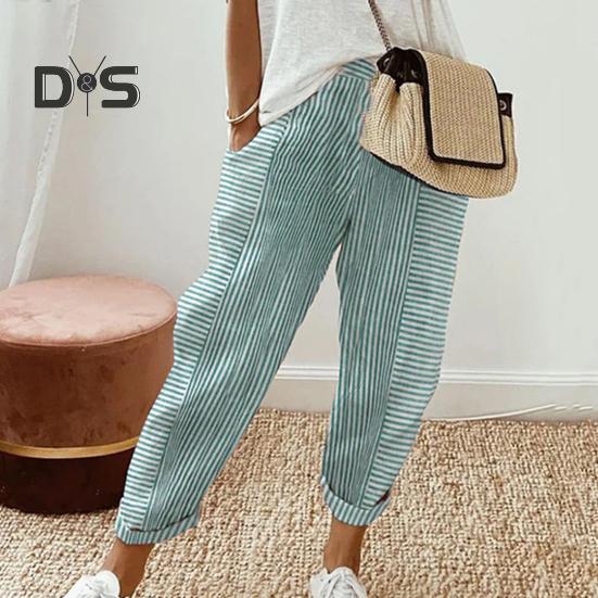 Женские повседневные брюки с эластичной талией и средней посадкой, летние жаккардовые длинные брюки с карманами, полосатые брюки свободного кроя