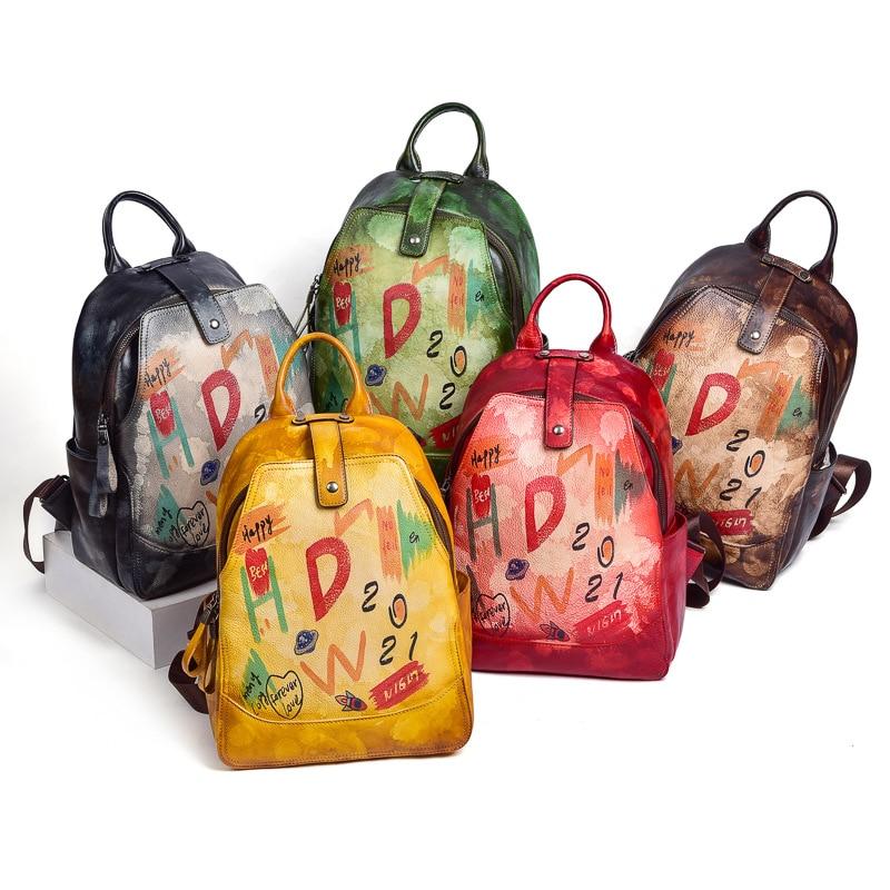 Johnature Retro Genuine Leather Women Bag Hand Painted Backpack First Layer Cowhide Casual Travel Bags