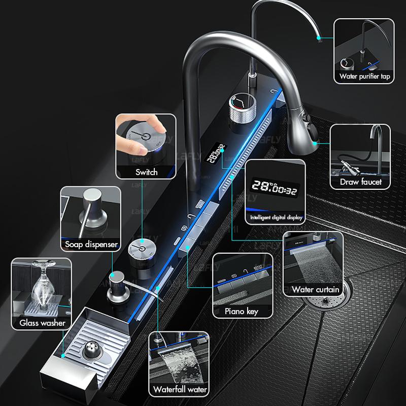 Кухонная мойка-водопад из нержавеющей стали 304 с большим одним слотом, встроенным цифровым дисплеем, набором кранов, дозатором мыла, мойкой для чашек