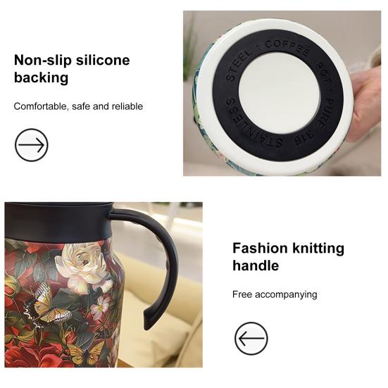 Винтажный заварочный чайник с цветочным узором и встроенным фильтром, V-образным носиком, заварочный чайник с напорной водой, 1000 мл, изолированный чайник из нержавеющей стали