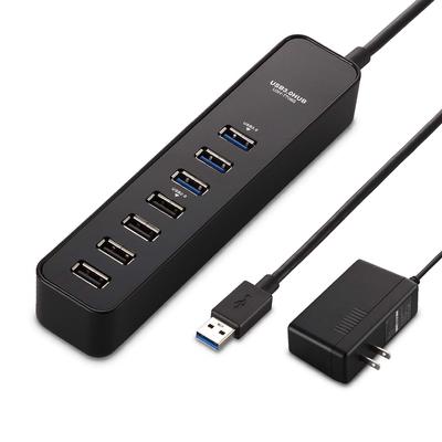 Концентратор ELECOM на 7 портов с адаптером переменного тока, совместимый с магнитом и другими коммутаторами, черный, USB3.0 (150см) Self/Bus MacBook/Surface