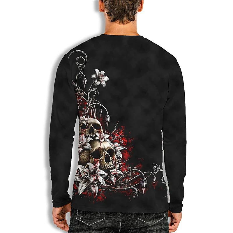 3D Персонализированный Топ с принтом черепа Повседневные мужские футболки с длинным рукавом - Мягкая ткань из полиэстера средней эластичности Весенне-осенняя одежда свободного кроя