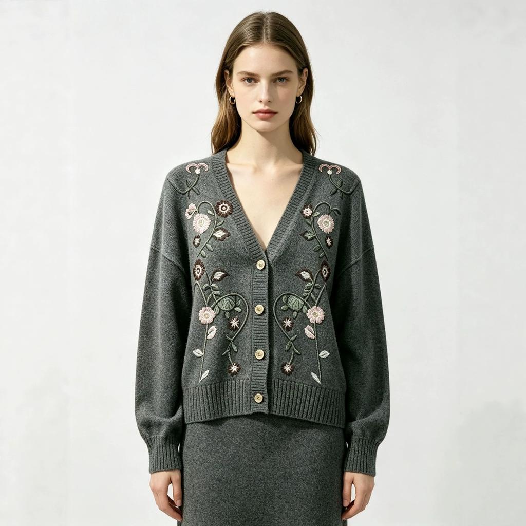 European-American style autumn/winter new heavy-work embroidered beaded floral knit cardigan for women, loose V-neck outerwear sweater