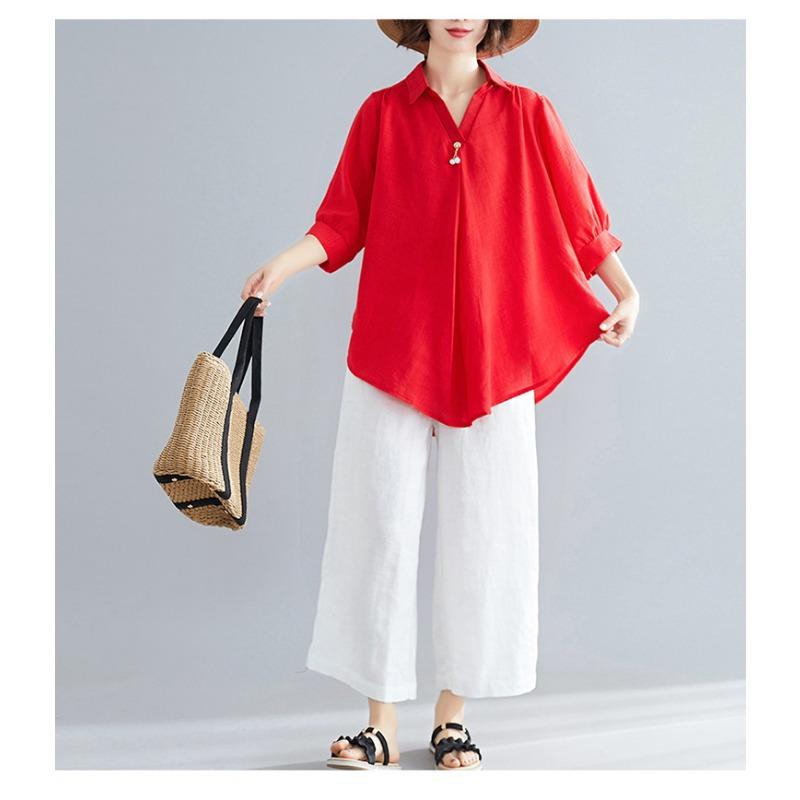 Летняя женская рубашка с короткими рукавами, элегантный V-образный вырез, нерегулярный хлопковый лен, удобный свободный повседневный дышащий топ