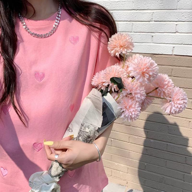 Woman's Tshirts Spring/summer Short Sleeve O-neck Korean Style Love Embroidery Fashion Woman Top T-shirt