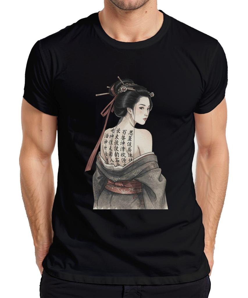 Geisha Japan Woman Tattoo Back Kanji Kimono Art Retro Y2K Asia Mens T-Shirt