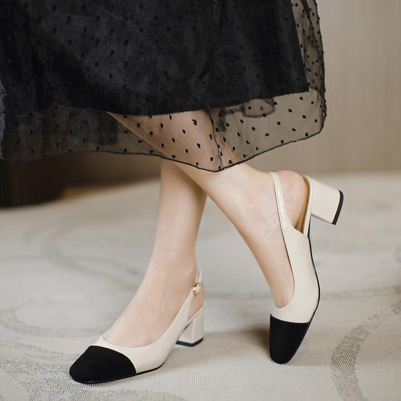 Мода Роскошь Абрикосовый/Черный Смешанный Цвет Сандалии Женские Слингбэк Ремешок на Щиколотке Туфли Дамские Средне-Высокие Каблуки Сандалии Офисное Платье Каблуки