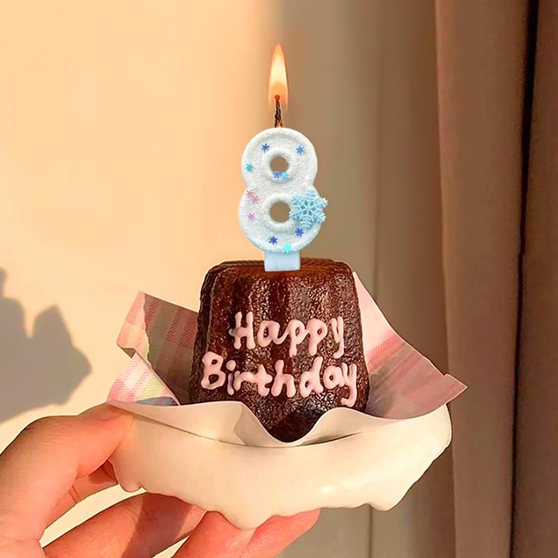 1 шт. Цифра 0-9 с блестками на день рождения, украшение для торта, белые цифровые свечи без Смога, свечи на день рождения, тема снежинки