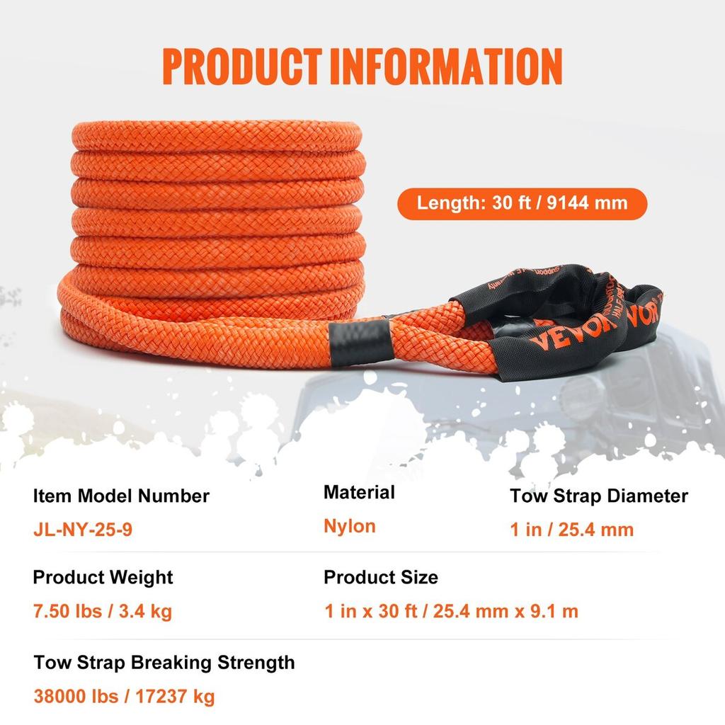 1" x 30' Kinetic Recovery Tow Rope 38,000 lbs, Heavy-Duty Off Road Snatch Strap, Extreme Duty 30% Elasticity Energy Snatch Strap for Jeep Car Truck