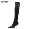 Fashion Eilyken Fashion Runway Crystal Stretch Fabric Sock Over-the-Knee Boot Thigh High Pointed Toe Woman Stiletto Heel Shoes