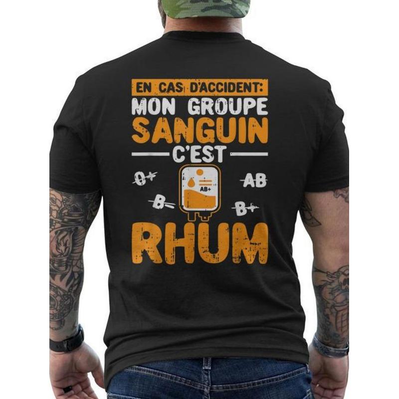 Groupeanguin Men's Funny French Rhum T-Shirt - Black with Orange Rhum Graphic Back Print, Casual Crewneck Tee for Rum Parties, Barbecues & Caribbean