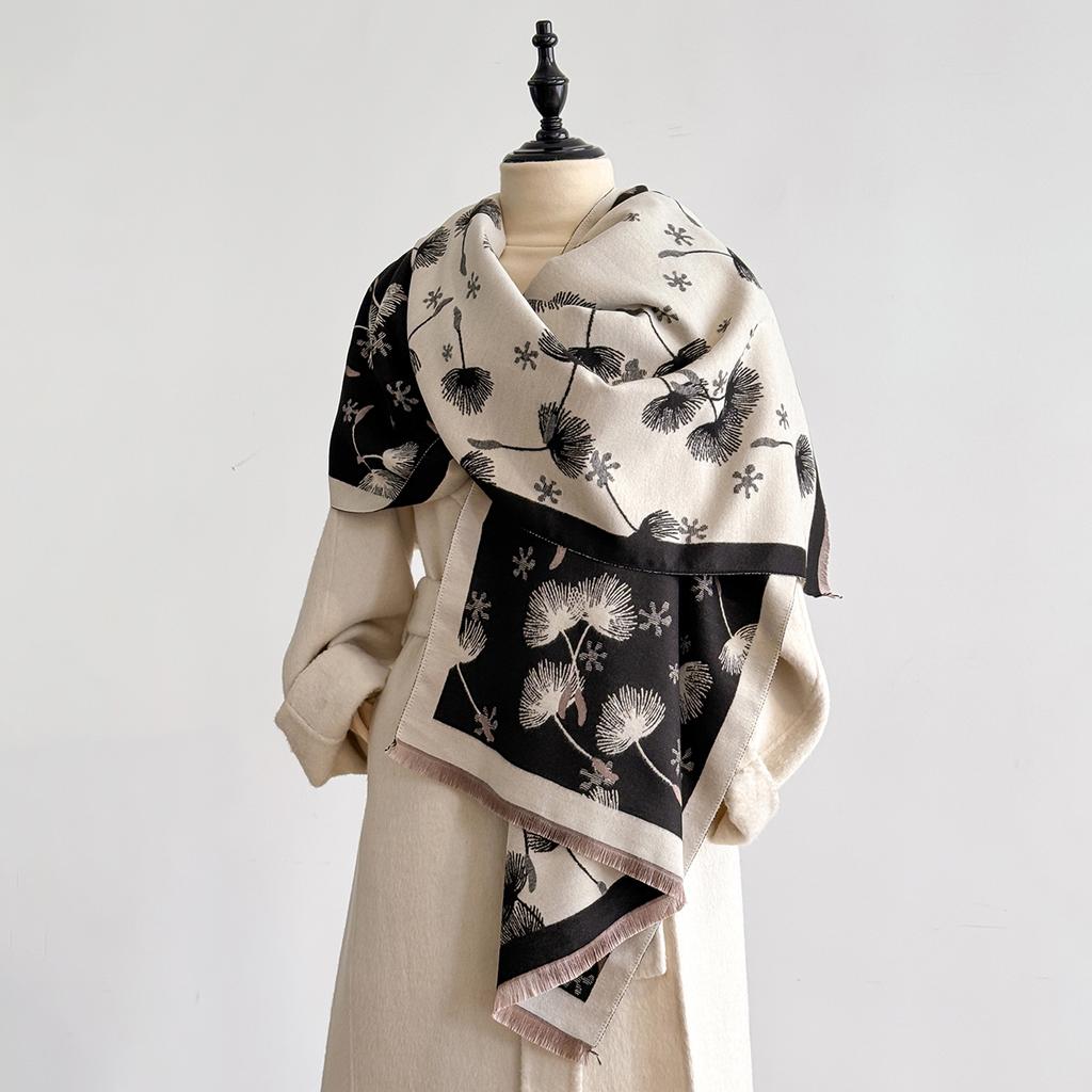 Winter Warm Cashmere Feather Scarf for Women Luxury Jacquard Pashmina Shawl Wrap Neckerchief Female Design Echarpe Bufanda