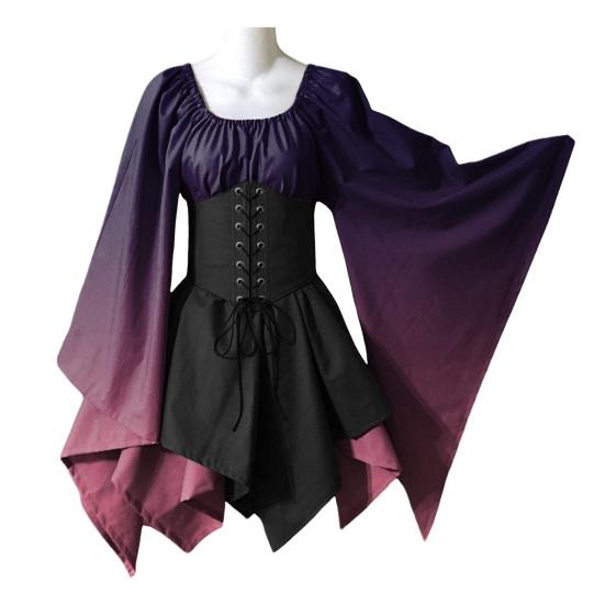 Женское платье для косплея на Хэллоуин с нерегулярным подолом на шнуровке, готический градиент, подходящее по цвету средневековое винтажное платье с рукавами «летучая мышь» для выступления, сценическое платье