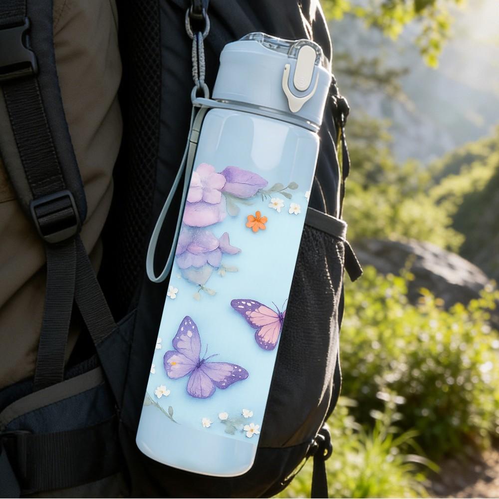 1PC Soft Pastel Butterfly Cloud Pattern Print 750ml Color Plastic Sports Water Bottle Leakproof Flip Straw Lid Suitable for Sports Office Home Use