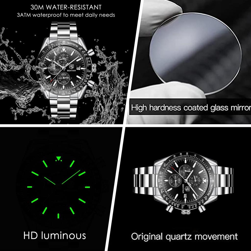 BENYAR AKNIGHT Watch Stylish Watch Watch Luminous Chronograph Fixed Bezel Analog Calendar Arm Watch Waterproof Japanese Quartz Watch Steel Band