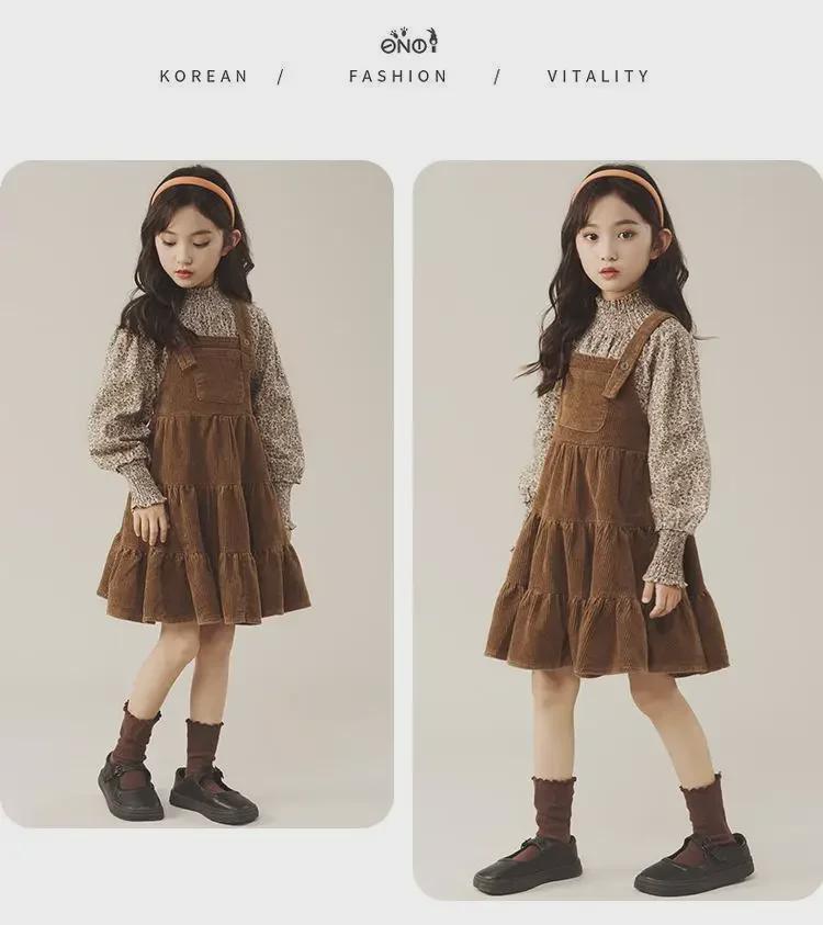 Комплект из двух частей в стиле ретро с цветочным принтом 2024 года для девочек — весенне-осенний комплект из двух частей