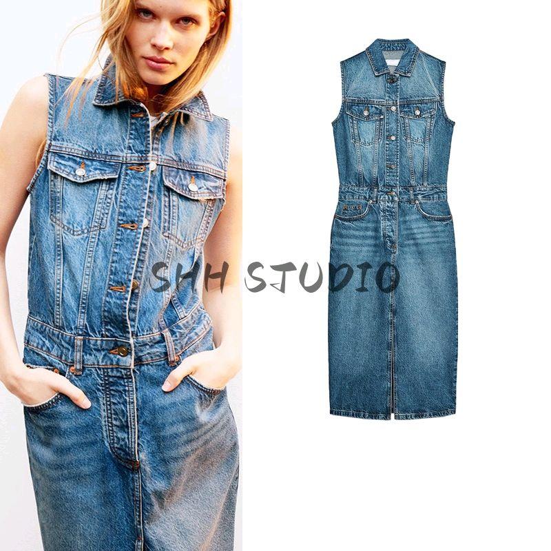 Spring New Women's Clothing Retro Mid Length Long Length Cotton Lapel Sleeveless Denim Dress 9942154
