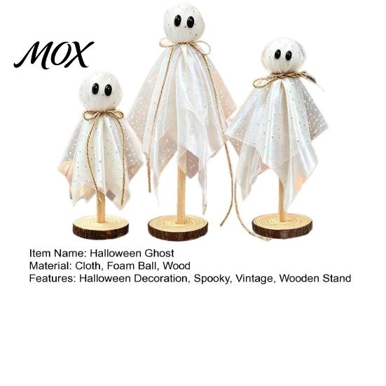 Playful Ghost Table Centerpieces 3 Pcs Halloween Ghosts on Wooden Stand, Vintage Rustic Fabric Sparkling Foam Ball Crafts Figures, Spooky Tabletop