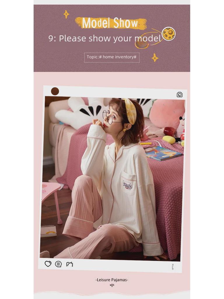 Women's Pure Cotton Pajamas Set: Loose, Long-Sleeve, Solid Color, Ideal for Spring, Autumn, and Winter, Wearable Outside, Large Sizes Available.