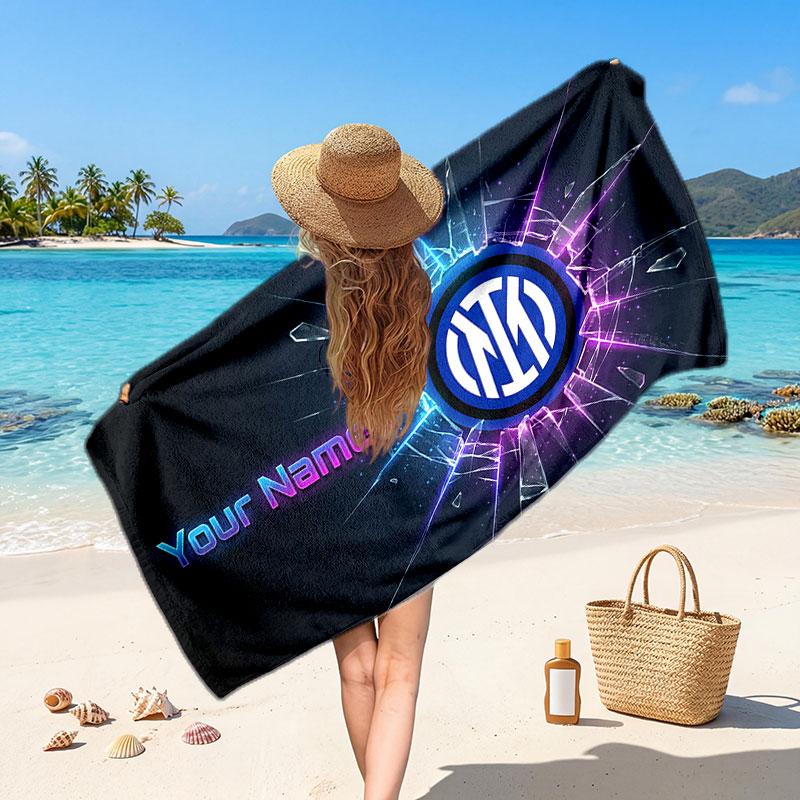 Inter Milan Custom Beach Towel, Personalized Name Text Print, Football Logo Soft Quick‑Dry Towel Holiday Gift