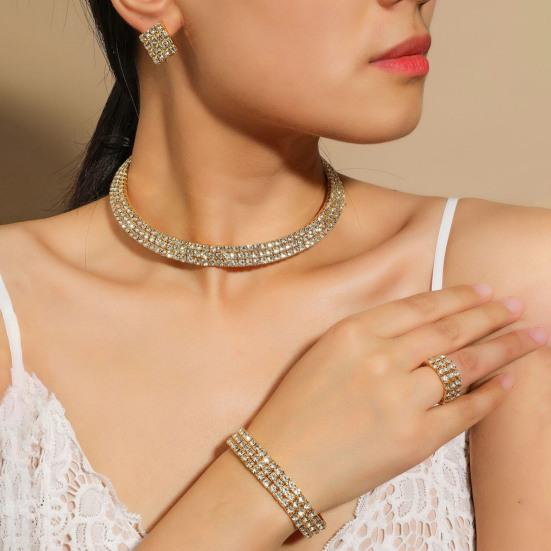 1 комплект, ожерелье, браслет, серьги, кольцо, геометрические стразы, ювелирные изделия, блестящий комплект ювелирных изделий для свадьбы