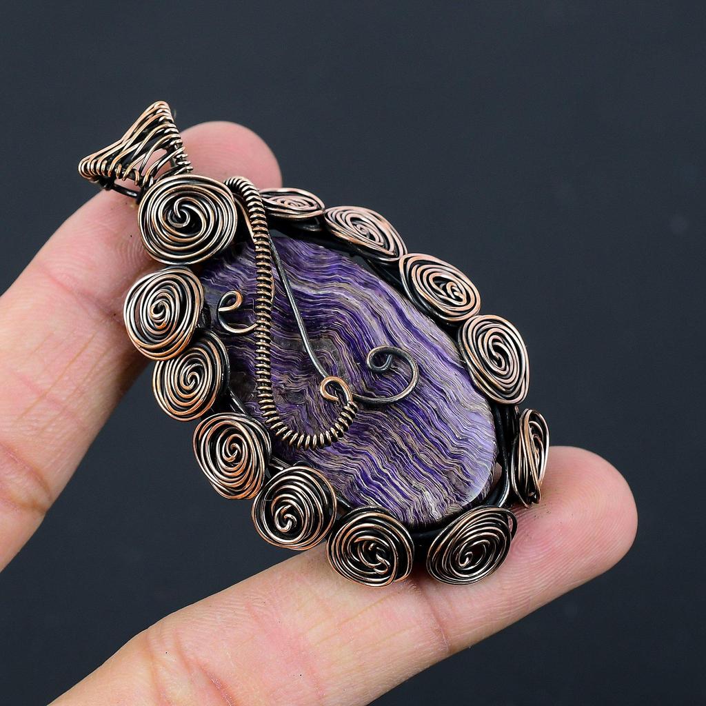 Шароит Драгоценный камень Медная проволока Обертывание ручной работы Кулон Ювелирный подарок для нее