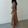 Women's V Neck Maxi Dress Sexy Hollow Out Short Sleeve Bodycon Split Dress Summer Cotton Linen Long Dress for Beach Vacation