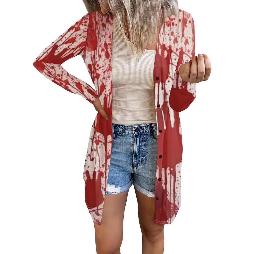 Женская повседневная модная удобная свободная куртка-кардиган с длинным рукавом и принтом на Хэллоуин