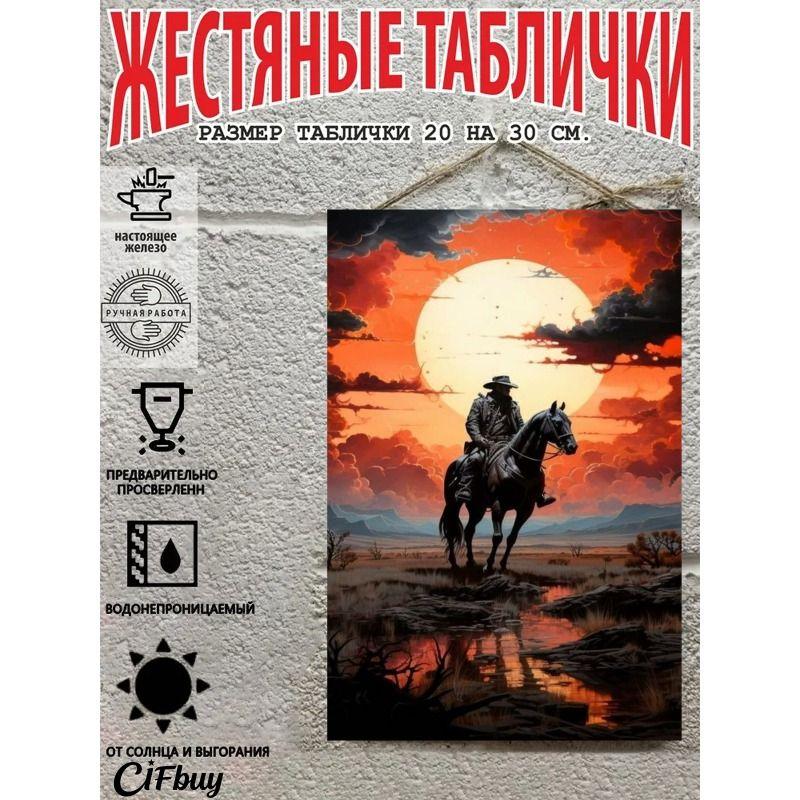 Металлическая жестяная табличка "Ковбой на лошади" 20x30 см Рустикальный декор стен