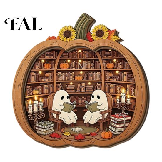 Whimsical Ghost Book Nook Halloween Wooden Tabletop Ornament, 2D Flat Cute Reading Bathing Fall Harvest Home Decoration Watering Plaque with Stand for