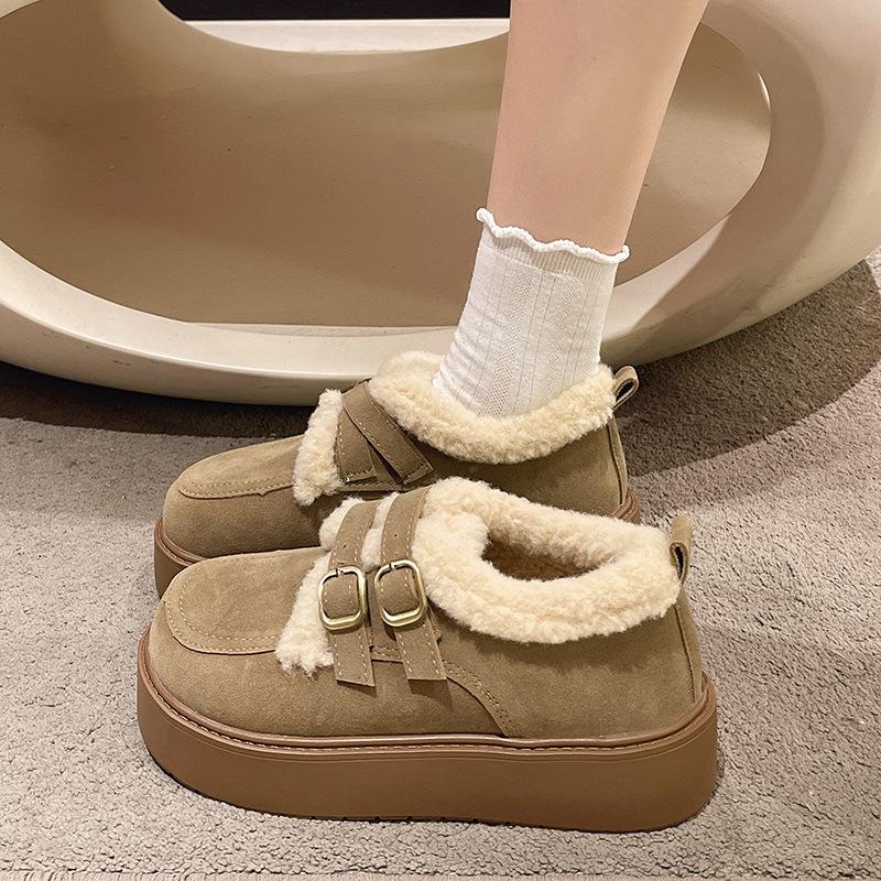 Женские зимние ботинки на толстой подошве с мехом, с одной пряжкой на ремешке, легкие, теплые, непродуваемые, утепленные, нескользящие, для повседневной носки, хлопковые ботинки, туфли Ле Фу