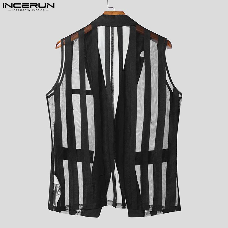 INCERUN Men Lapel Neck Sleeveless One Button Striped Mesh Sheer See Through Waistcoats