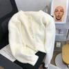 Корейский простой трикотажный свитер с круглым вырезом, однобортный, из искусственного норкового бархата, повседневный, свободный, мягкий кардиган на жемчужных пуговицах для женщин