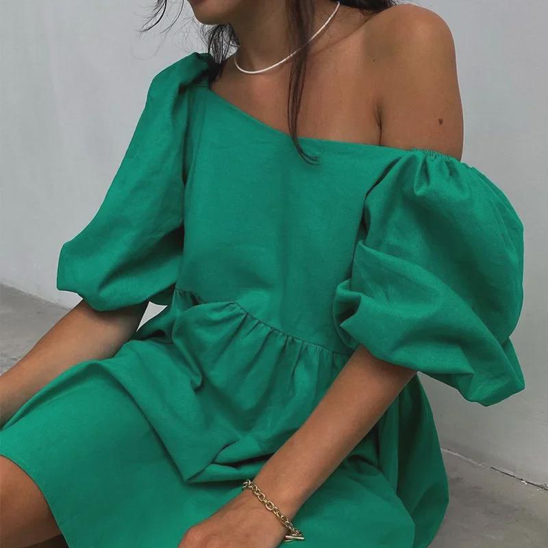 Однотонное мини-платье с рукавами-фонариками: Квадратный вырез на одно плечо в семи весенне-летних цветах