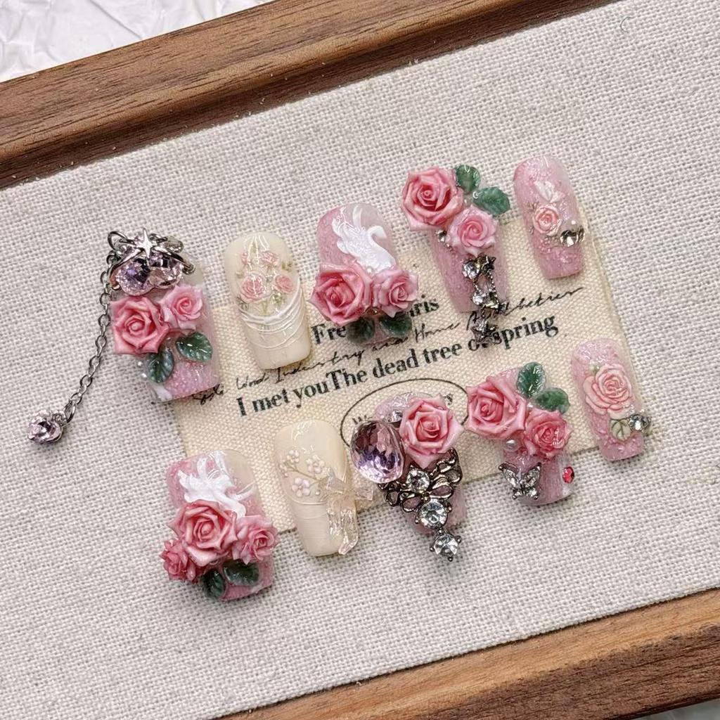 Квадратные накладные ногти миндалевидной формы, французский маникюр с 3D-дизайном, акриловые ногти с полным покрытием на клеевой основе, искусственные накладные ногти для женщин