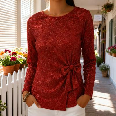 Женские топы с круглым вырезом, длинными рукавами и блестящими пайетками, пуловеры с мерцающими акцентами в виде галстука-бабочки, повседневная одежда