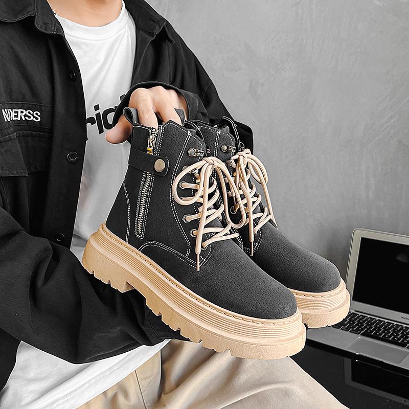 2024 Winter Fashion Men's Cotton Shoes Lace Up Round Head Work Boots Autumn and Winter Thick Sole High Top
