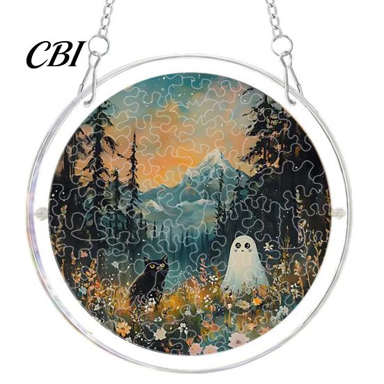 Clear Acrylic Halloween Hanging Suncatcher Jigsaw Puzzle Set, Spooky Ghost Floral Meadow Window Ornament with Metal Lightweight Frame & Chain,