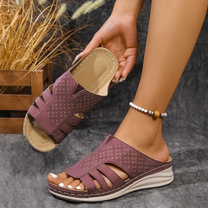 Женские босоножки-клинья с Т-образным ремешком, толстая подошва с прострочкой и полым дизайном, летние повседневные слипоны, широкий размер